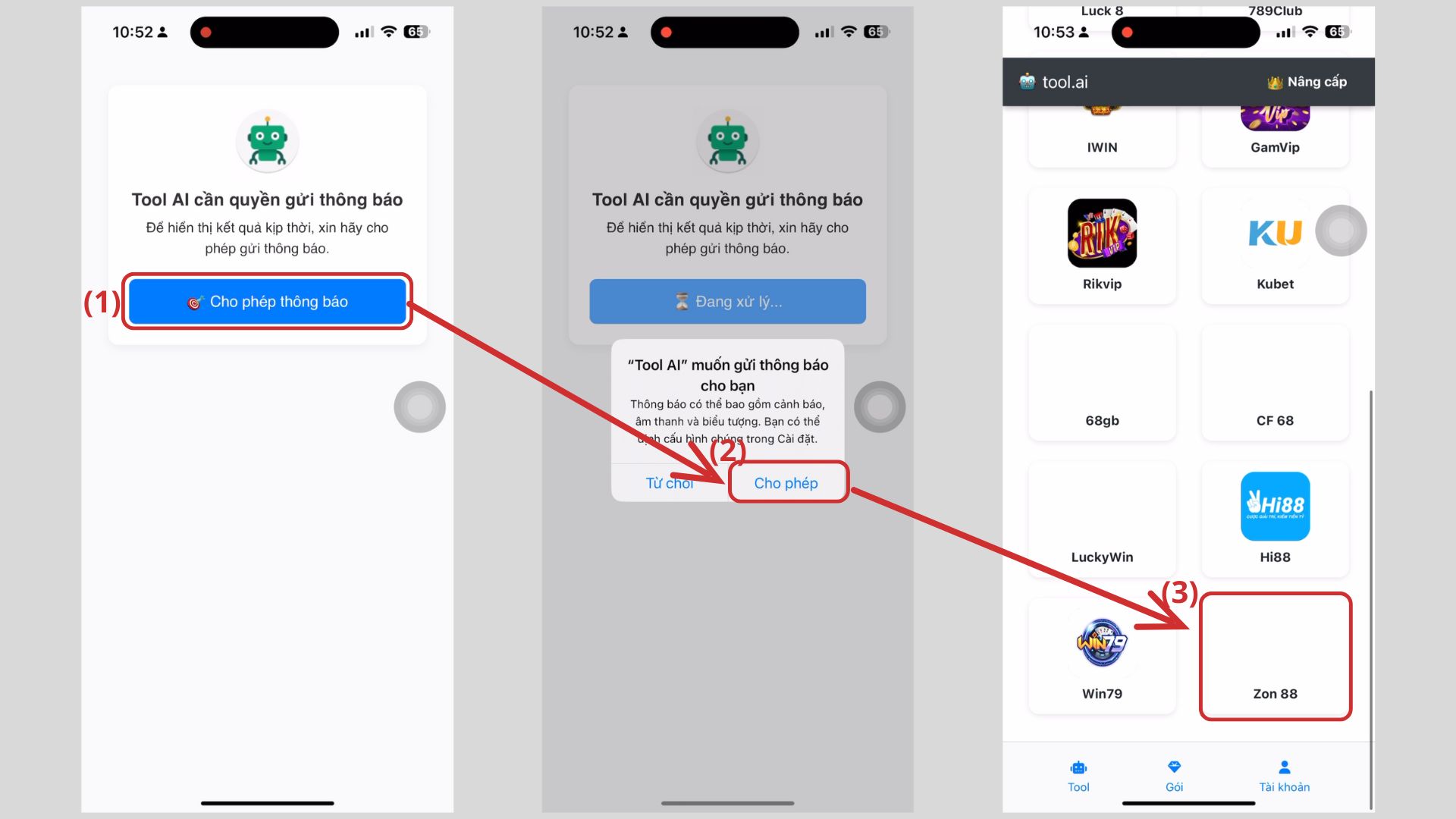 Cấp quyền cho phép nhận thông báo và chọn cổng game để test miễn phí trên Tool Tài Xỉu AI iOS.